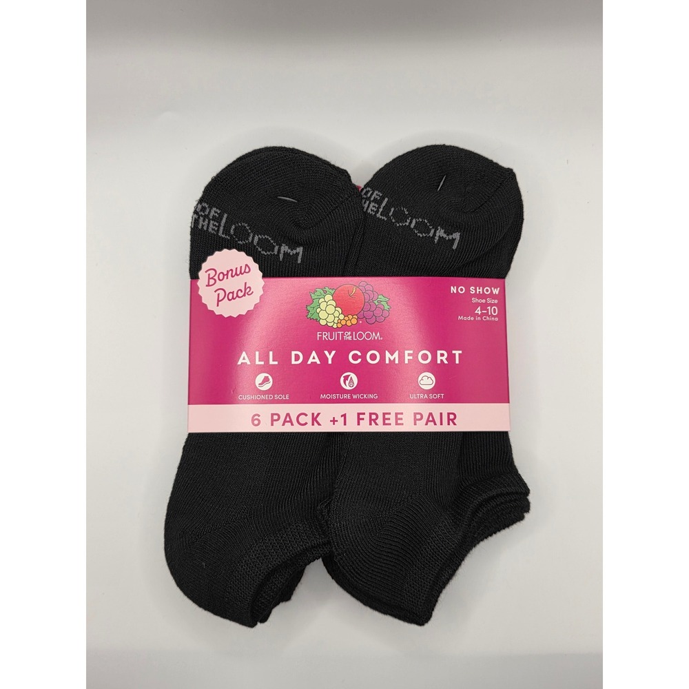 Fruit of the Loom Womens No Show Socks 7 Pair Pack Black All Day Comfort 4-10